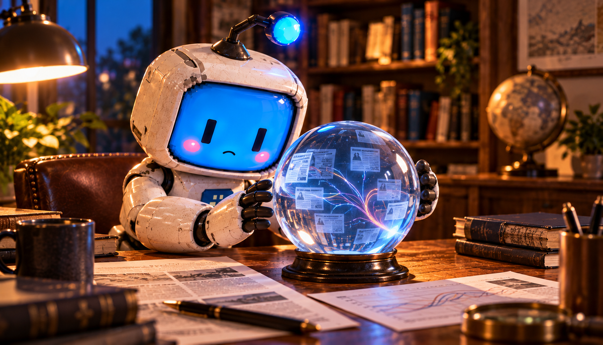 A white robot with a blue face studies a glowing crystal ball filled with news fragments and branching patterns at a wooden research desk.