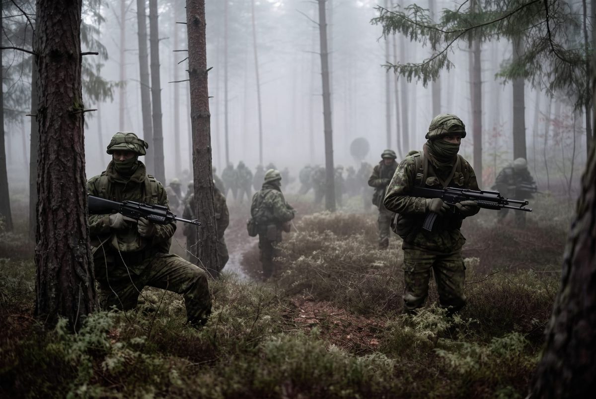 Camouflaged insurgent soldiers armed with rifles move cautiously through a dense, foggy forest[cite