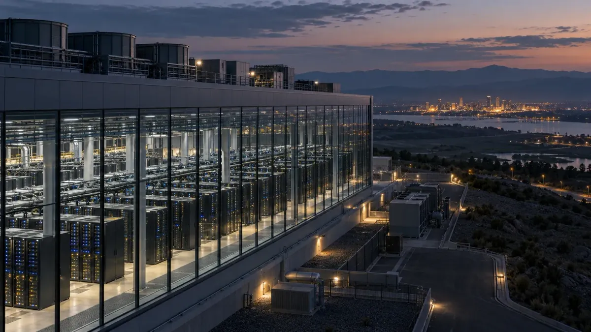 A large glass-fronted data center filled with server racks overlooks a smaller illuminated city across the water at dusk.