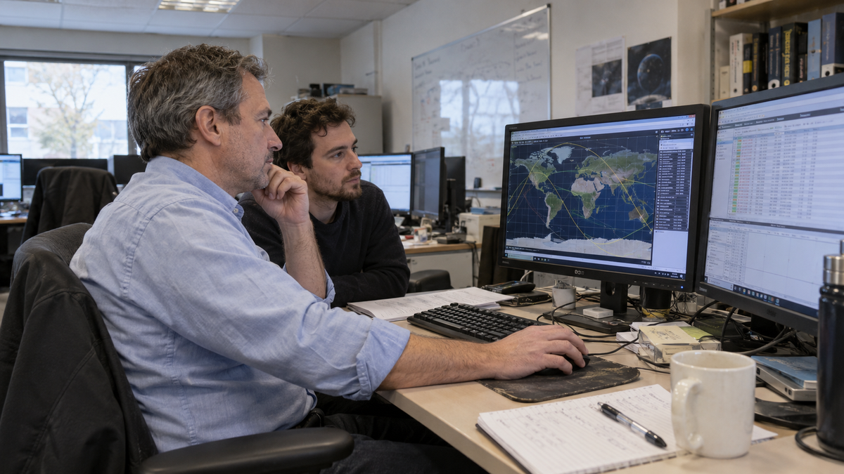 Two satellite-operations analysts examine orbital ground tracks and telemetry on desktop monitors in an ordinary office.