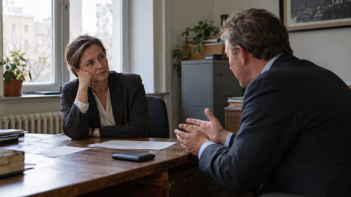 Two businesspeople talk across a wooden desk in a naturally lit office, with papers and a closed black wallet between them.