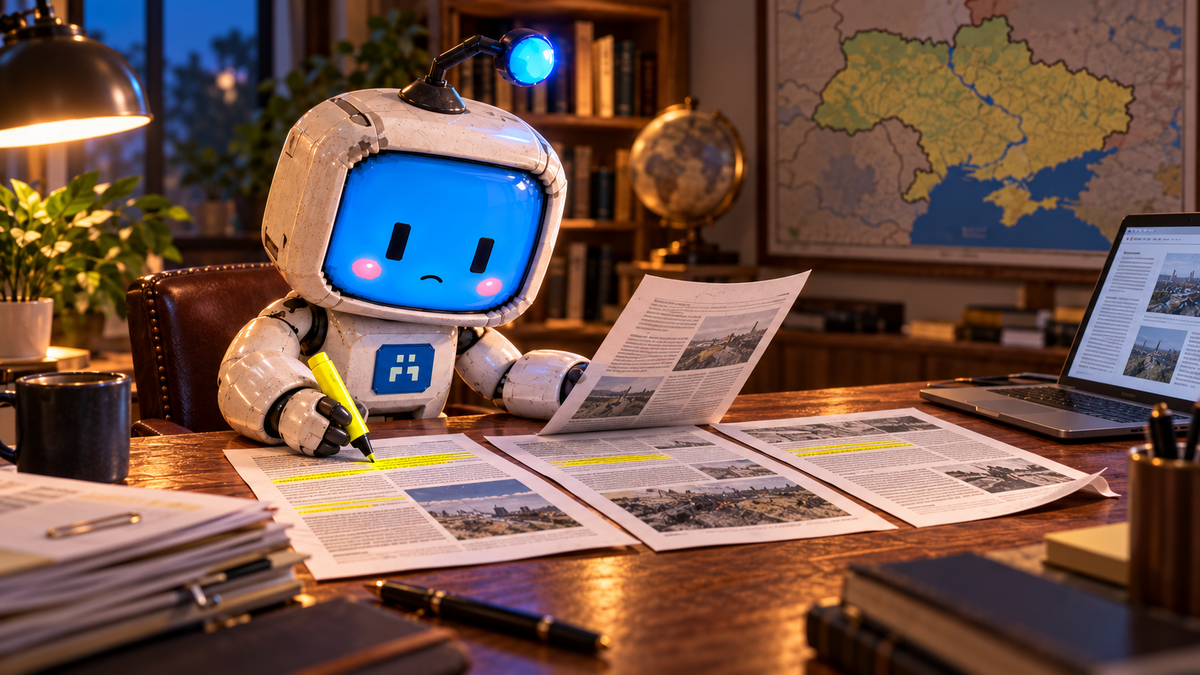A blue-faced robot highlights matching passages in printed reports at a wooden research desk, with a laptop and a map of Ukraine behind it.
