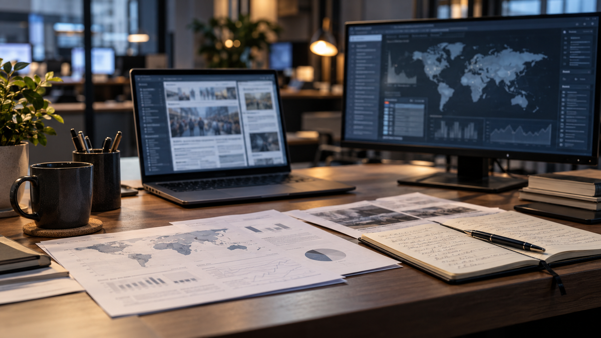 An analyst’s desk with a laptop, world-map monitor, printed reports, and an open notebook.