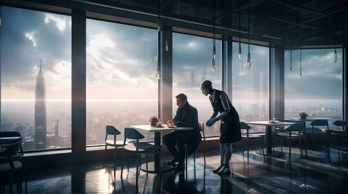 A man sits at a high-rise window overlooking a vast, hazy city while a robot attendant in a uniform serves him[