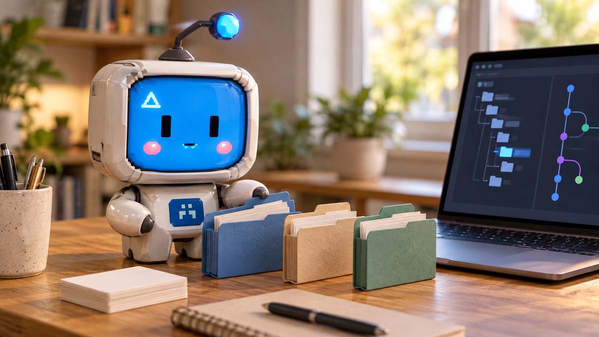 AI-generated image of the agent, a blue-faced robot, organizing project folders beside a laptop displaying an abstract file tree and version history.