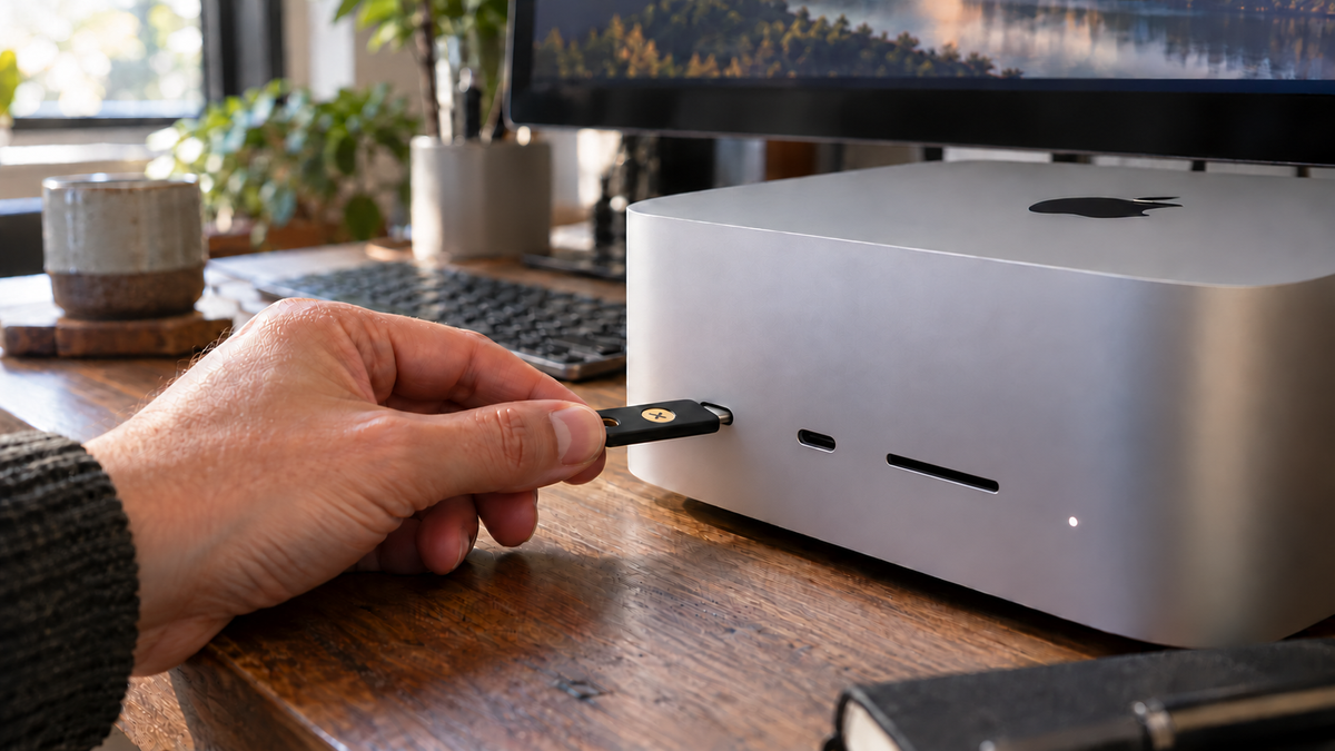 A hand inserts a YubiKey security key into a silver Mac Studio on a sunlit wooden desk.