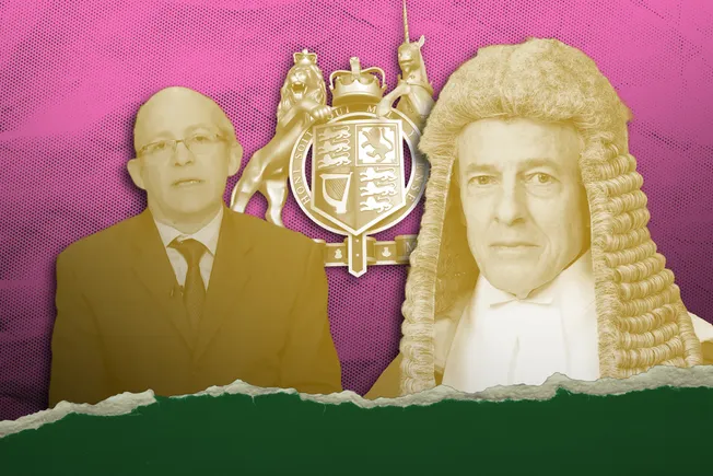 Collage of a man in a suit, a royal coat of arms and a judge in a wig, on a pink background