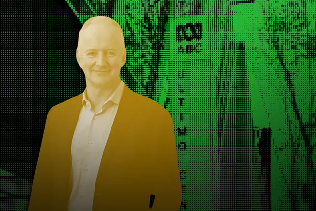 Collage of a man in a blazer in front of the ABC's Ultimo building, in green and yellow tones