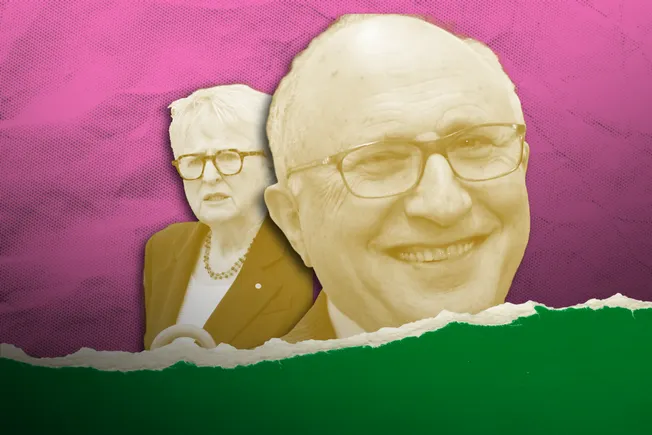 Collage of a woman and a smiling man in glasses, on a pink and green torn-paper background