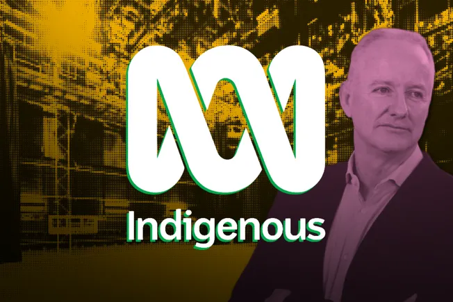 The ABC Indigenous logo beside a man in a suit, over a yellow and black halftone of the ABC building