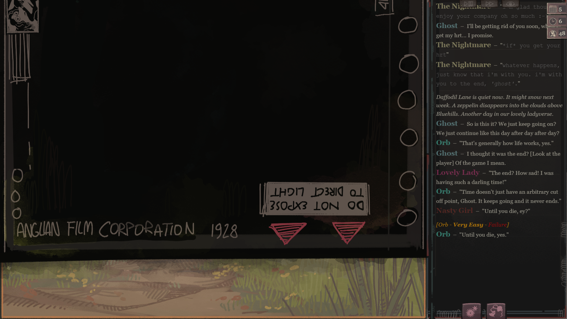A shutter closes over an image of a forest path. Orb says - "Until you die, yes"
