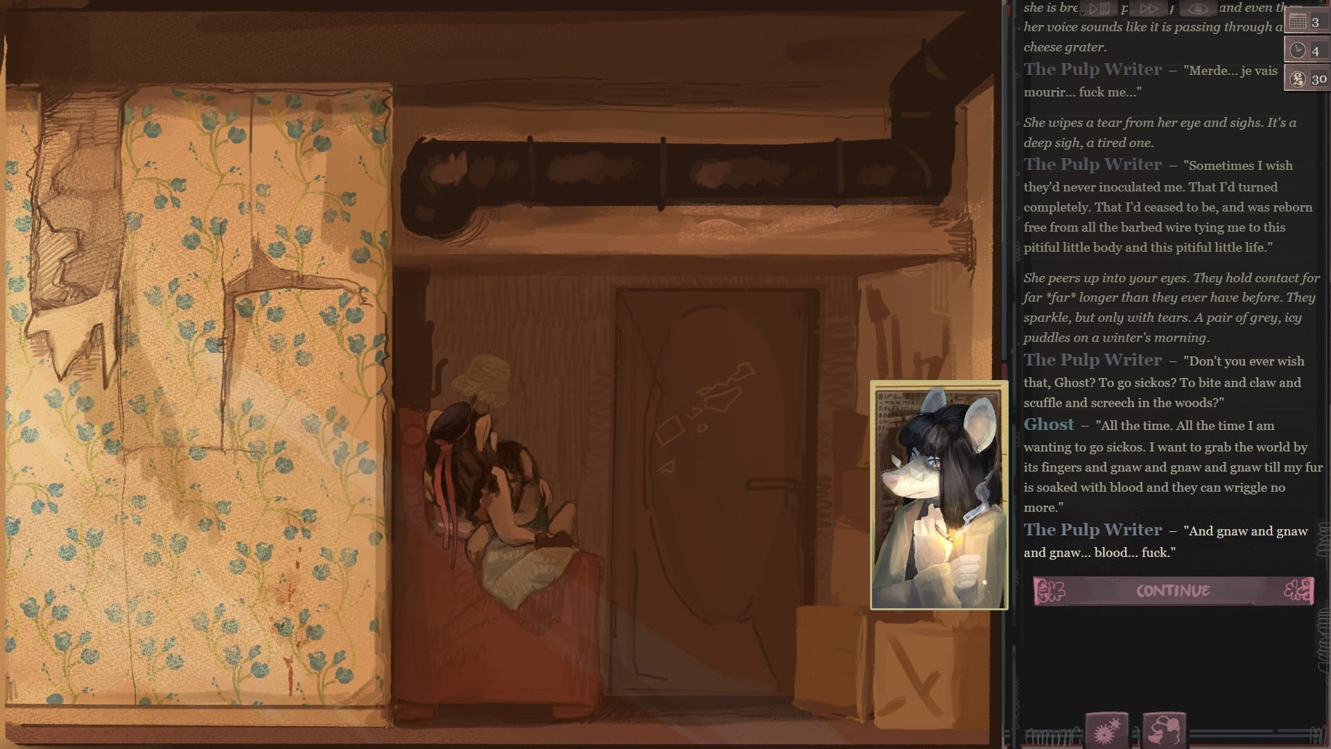 Two rat women embrace in a run-down home. The Pulp Writer says "And gnaw and gnaw and gnaw... blood... fuck."