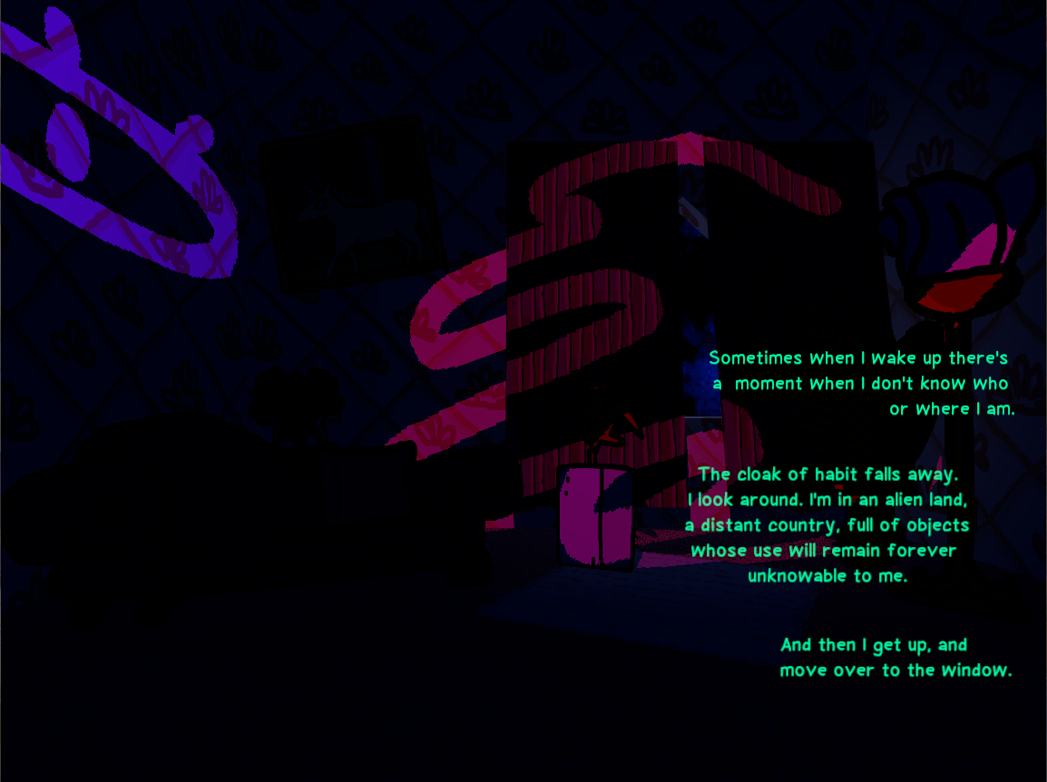 Shadowed hallways are lit up by strange cut-out lights. Text on the screen reads: "Sometimes when I wake up there's a moment when I don't know who or where I am. The clock of habit falls away. I look around. I'm in an alien land, a distant country, full of objects, whose use will remain forever unknowable to me. And then I get up, and move over to the window.