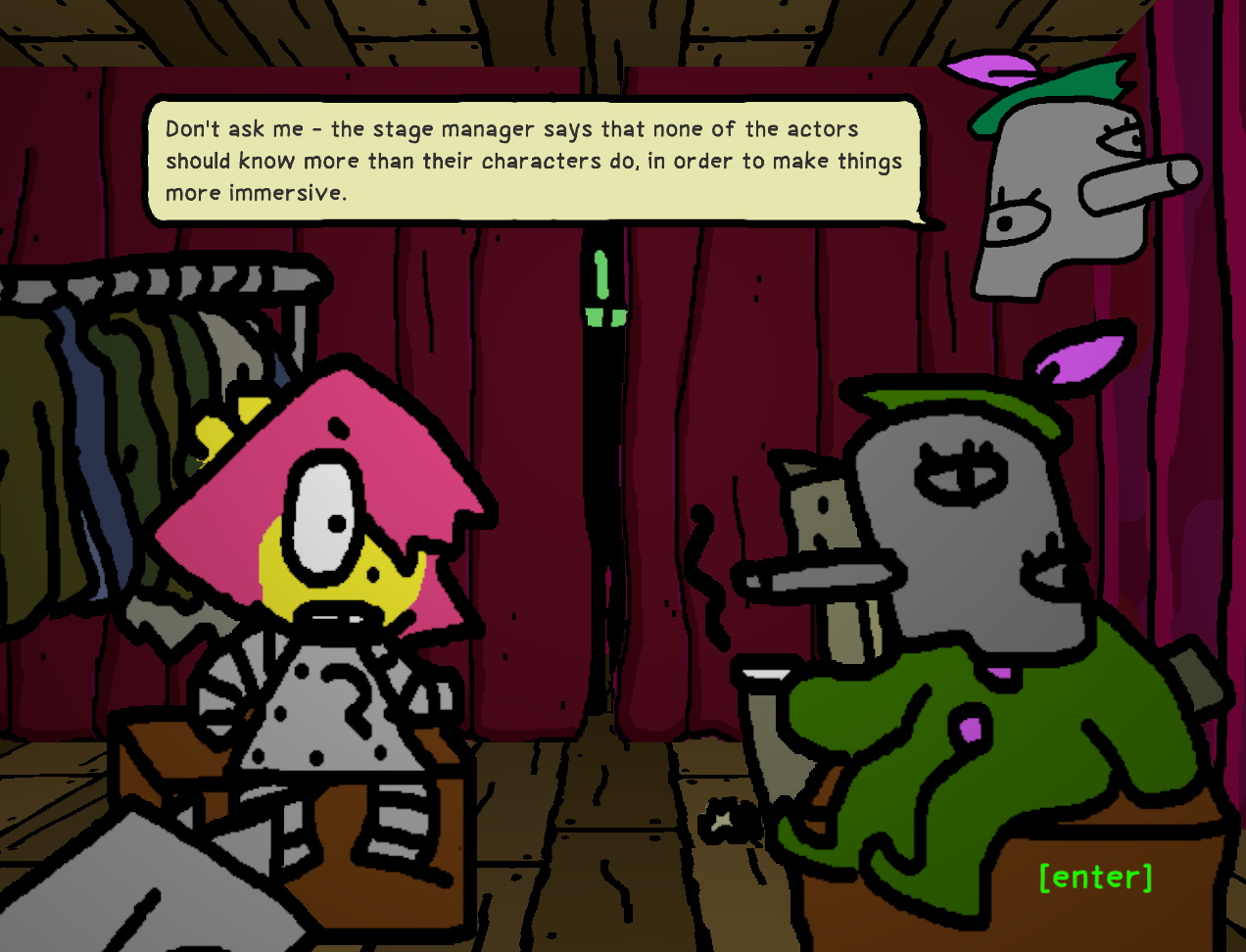 BB stands in metal plate, standing across from another actor in the immersive play, who responds to her question, "Don't ask me - the stage manager says that none of the actors should know more than their characters do, in order to make things more immersive."