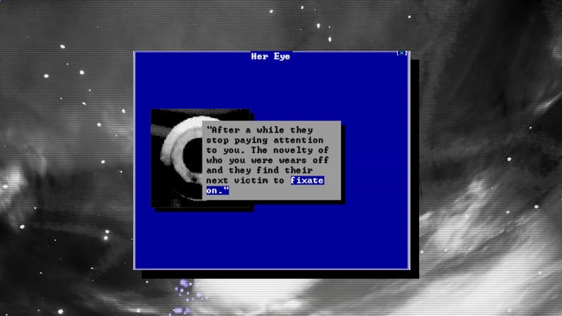 A bit of text from Lawhead's remake of BlueSuburbia. A blue text box suspended on a background image of clouds. An image of an eye is placed behind a grey box with a few words inside. The box reads, "After a while they stop paying attention to you. The novelty of who you were wears off and they find their next victim to fixate on."