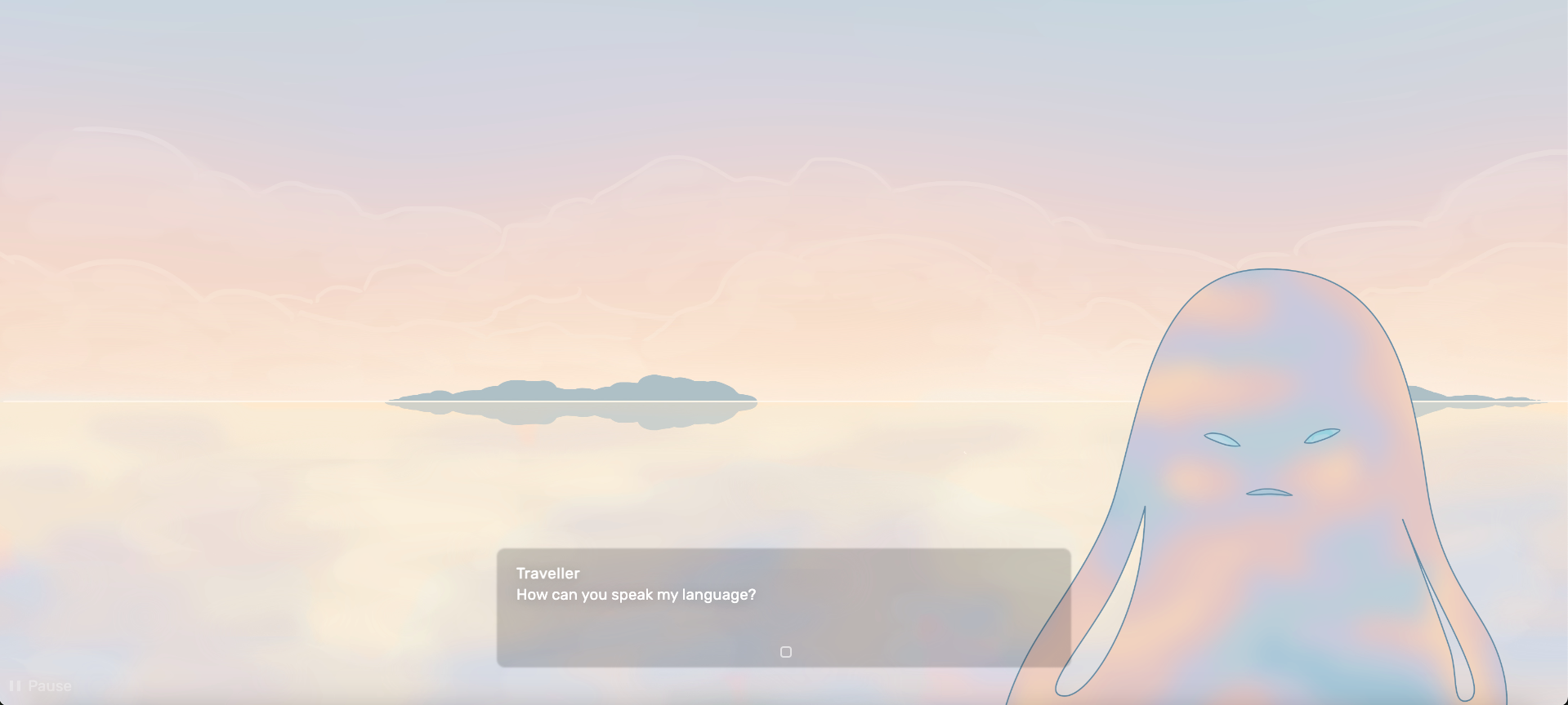 A screenshot from The Traveller. There is a pastel horizon dotted with blue island-like shadows and an amorphous alien. Text reads "How can you speak my language?"