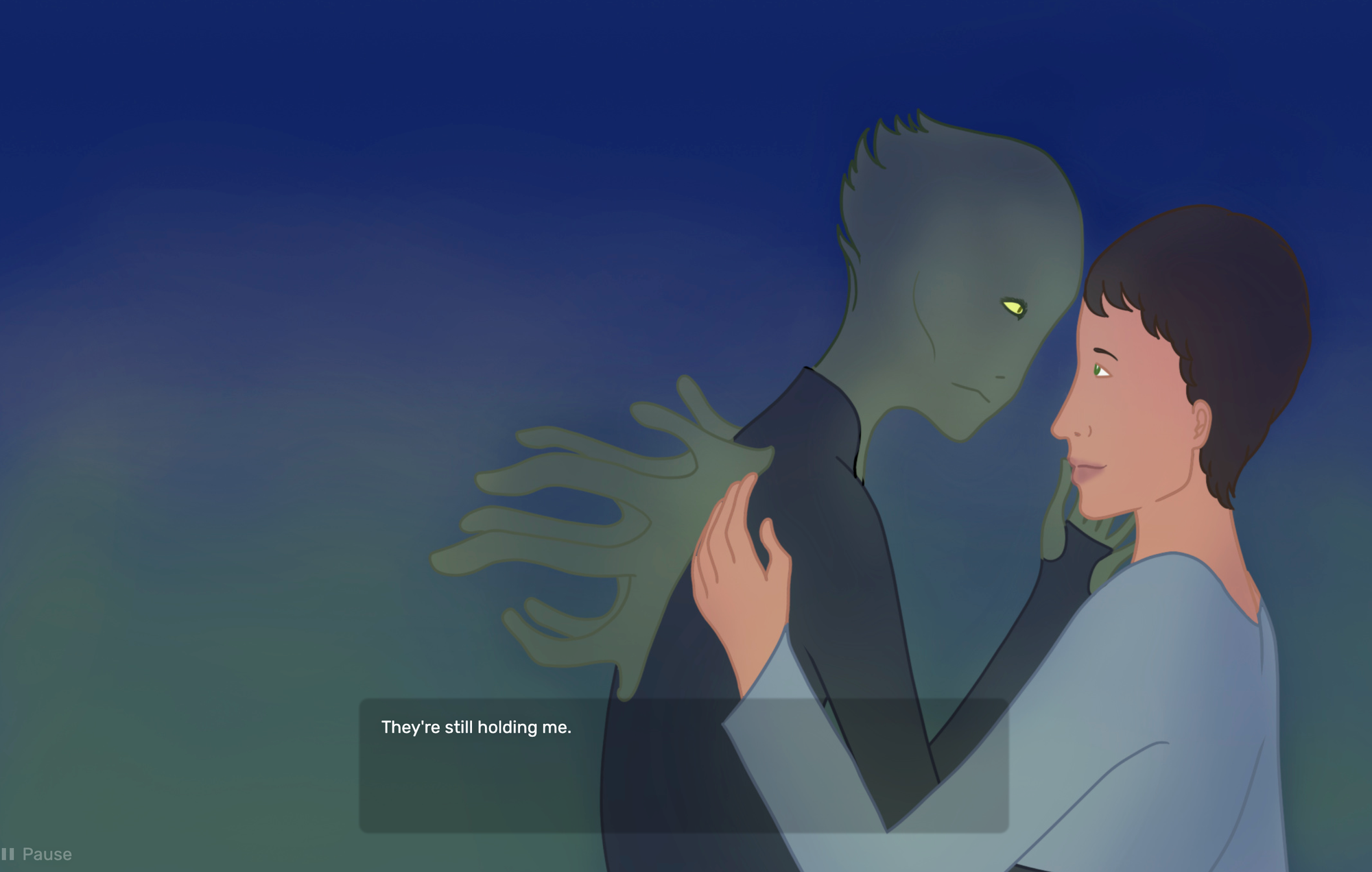 A screenshot from The Traveller featuring a bird-like alien and the protagonist embracing. Text reads "They're still holding me."