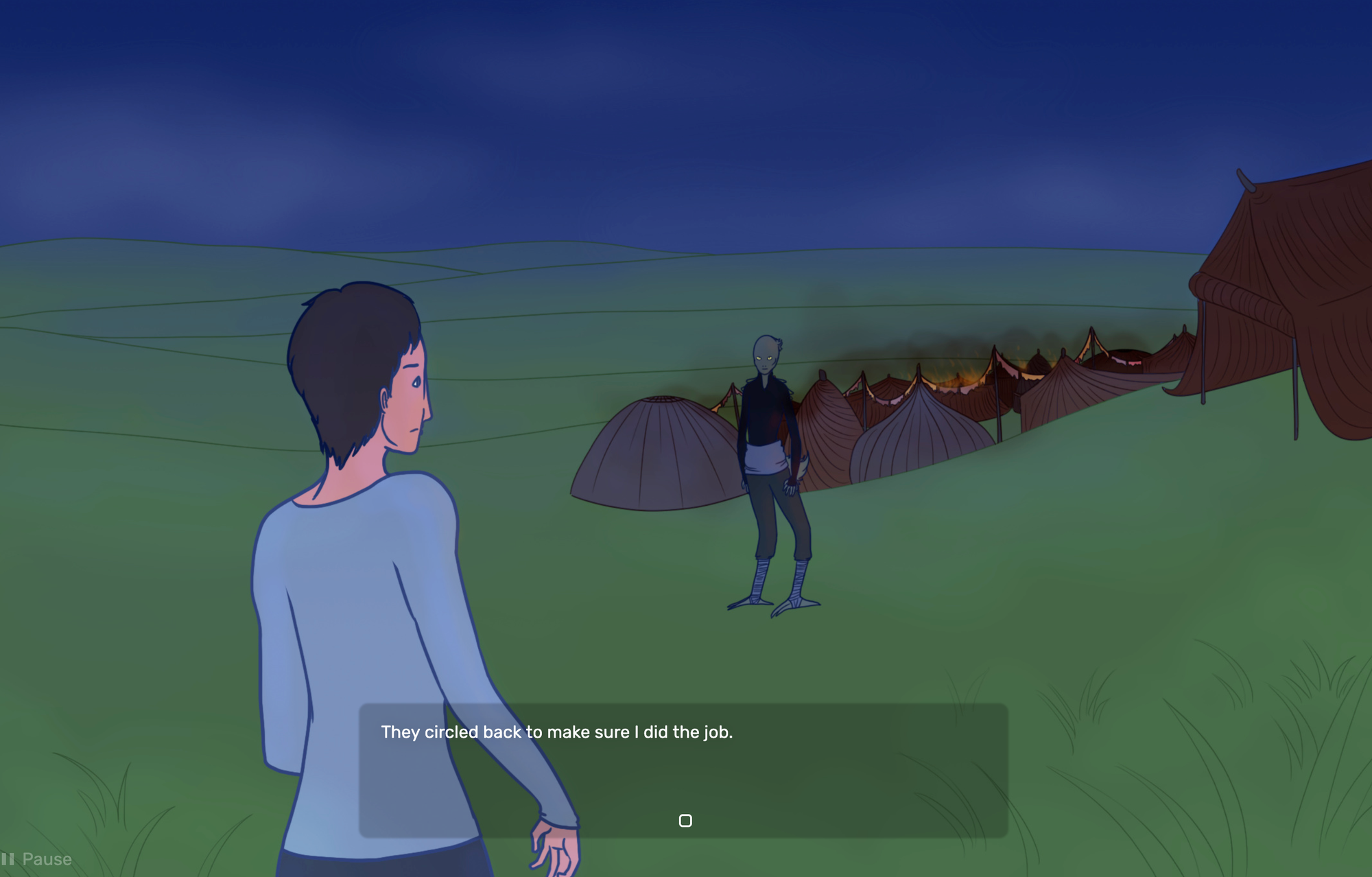 A screenshot from The Traveller of the scout looking at a bird-like alien before a burning tent settlement. The text reads: "They circled back to make sure I did the job."