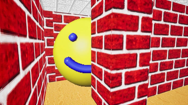 A smiling face between brick walls, from Lawhead's game Individualism in the Dead Internet Age