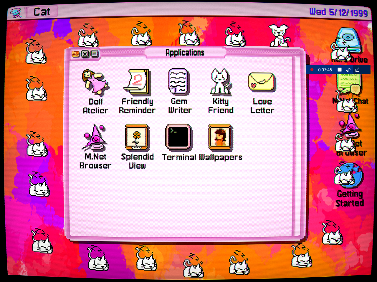 Another screen from Secret Little Haven featuring the applications menu on Alex's desktop surrounded by sleeping cat cursors. 
