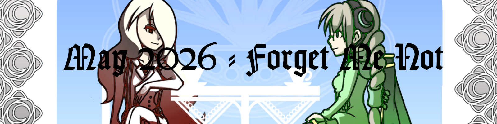A screenhot from Forget Me Not of two women facing each other at a cafe table with the text "May 2026 - Forget Me Not" emblazoned across the image.