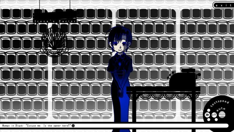 Image of Chika, the sinister antagonist of Forget-Me-Not. She stands in Irene's store and the graphics are mostly monochromatic with a pop of dark blue highlights on Chika's black dress.