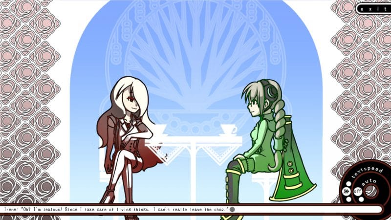 Image of Irene and Hamomoru having tea. Irene says "Oh? I'm jealous! Since I take care of living things, I can't really leave the shop."