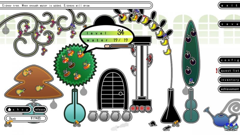 Screenshot of Irene's garden featuring the five trees of life, which are sprouting multicoloured organs.