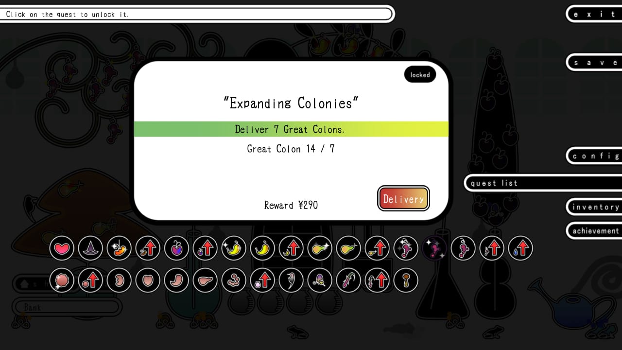 Image of the quest screen for Forget-Me-Not, the current goal is titled "Expanding Colonies" which has the player deliver "7 Great Colons"