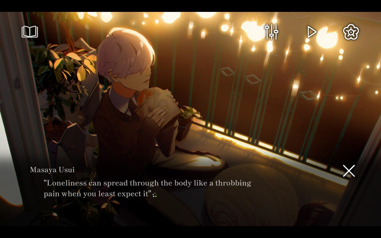 A boy named Masaya Usui eats a pastry at a cafe. He says, "Loneliness can spread through the body like a throbbing pain when you least expect it."