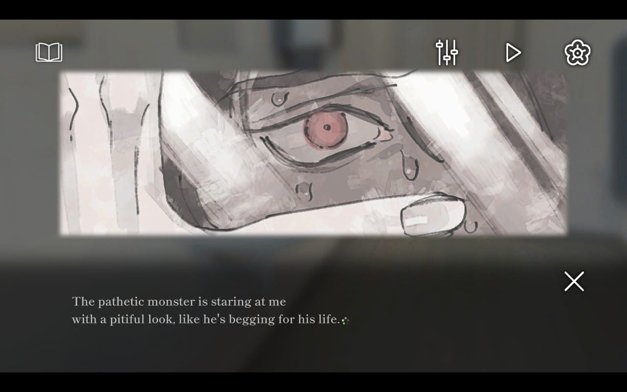 A man's eye is seen through a camera lens. Text reads, "The pathetic monster is staring at me with a pitiful look, like he's begging for his life."