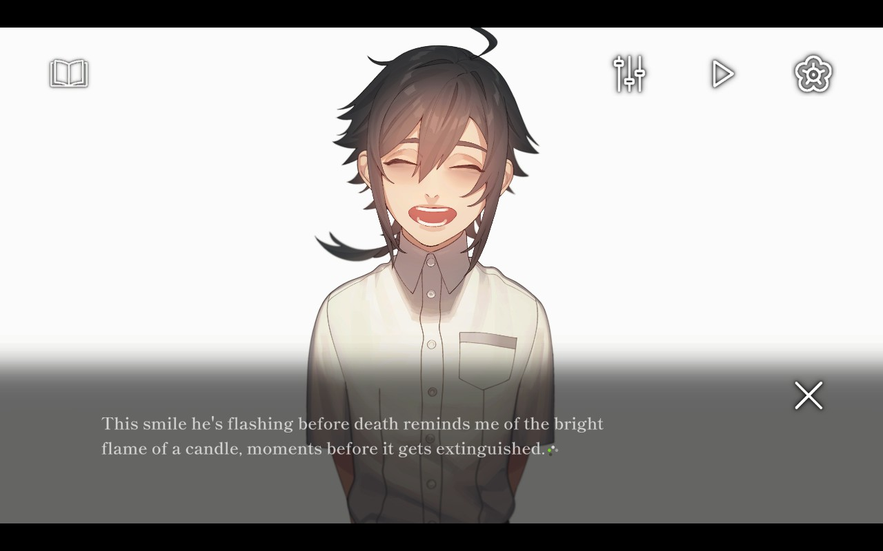 A boy smiles in front of a white background. Text reads, "The smile he's flashing before death reminds me of the bright flame of a candle, moments before it gets extinguished."