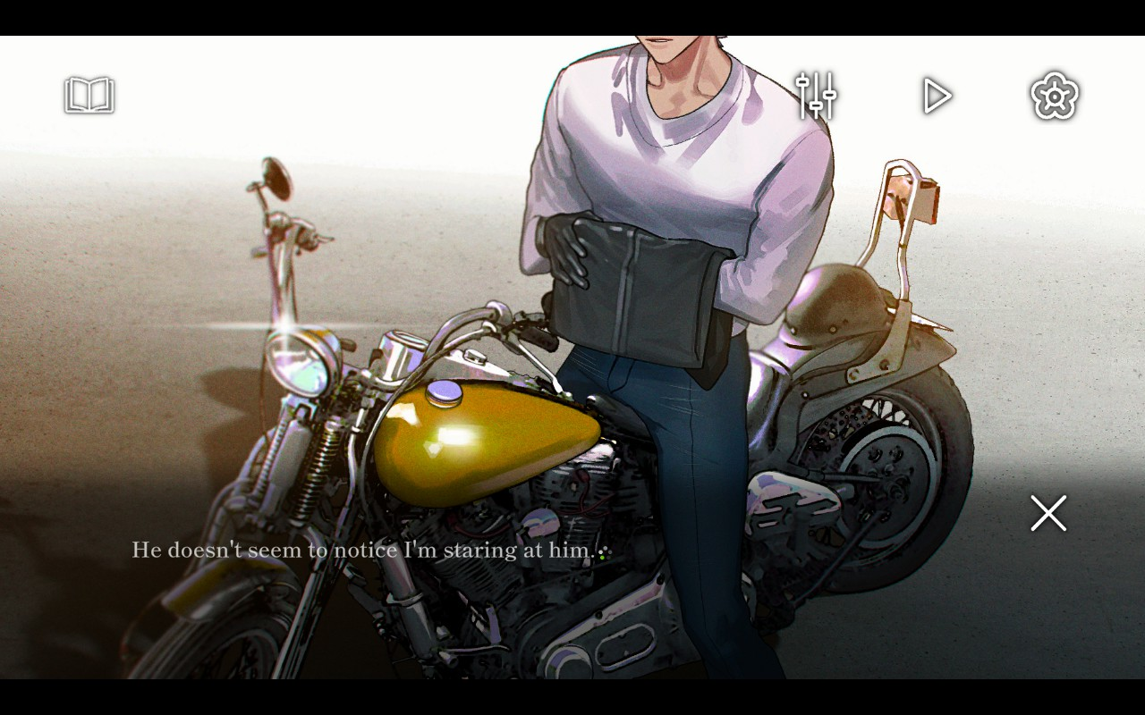 A man sits on a motorcycle with a leather jacket folded under his arm. Text reads "he doesn't seem to notice I'm staring at him."