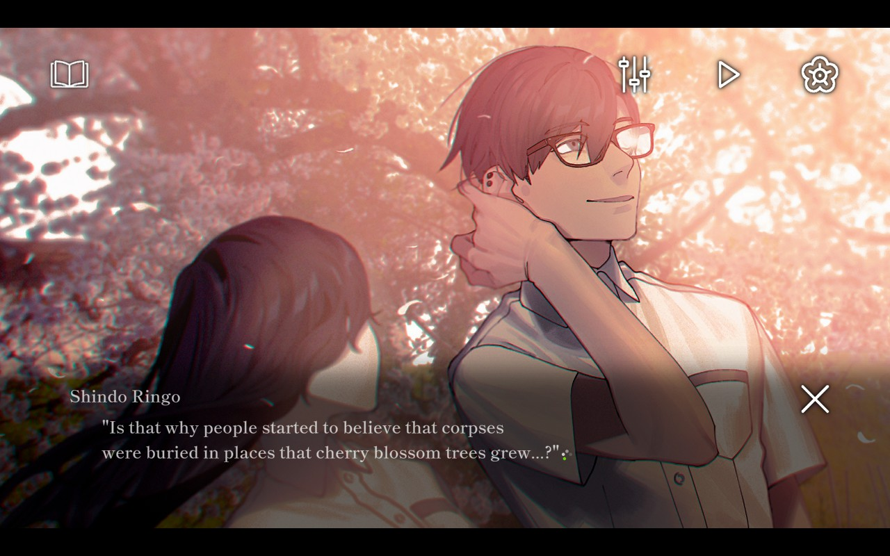 A boy and girl walk under a canopy of trees. Shindo Ringo says, "Is that why people started to believe that corpses were buried in places that cherry blossom trees grew...?"