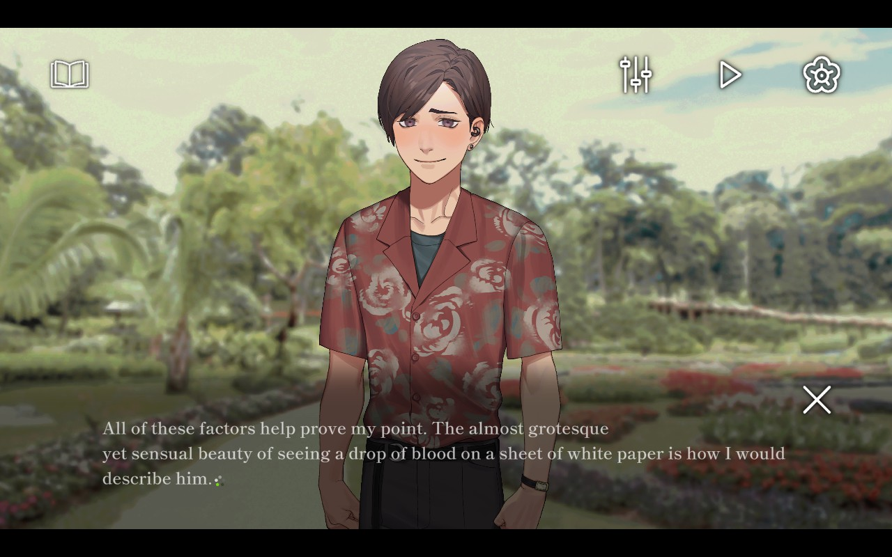 A boy looking handsome and flustered in a public park. Text reads, "All of these factors help prove my point. The almost grotesque yet sensual beauty of seeing a drop of blood on a sheet of white paper is how I would describe him."