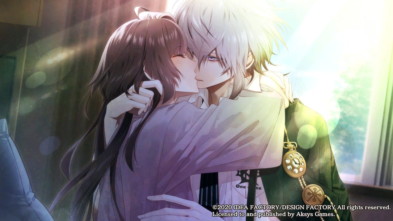 Hoshino is kissing Okazaki and throwing her arms around his neck. Okazaki has his eyes open and looks pensive. 