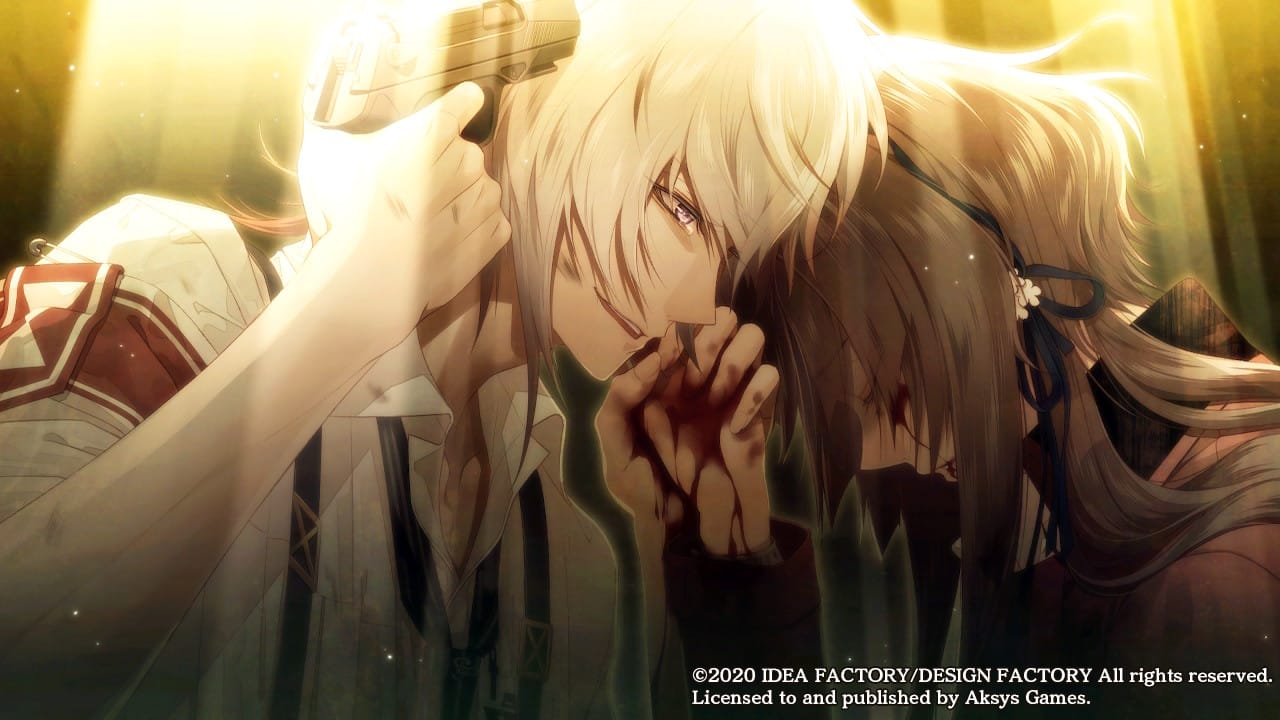 Trigger warning for suicidal ideation: Okazaki smiles as he decides not to shoot himself to join Hoshino in death during the tragic love ending.