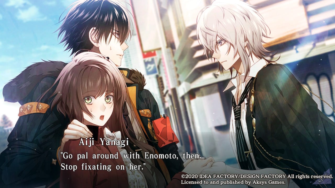 Aiji Yanagi places a hand on Hoshino's shoulder and confronts Okazaki forcibly taking her hand. 