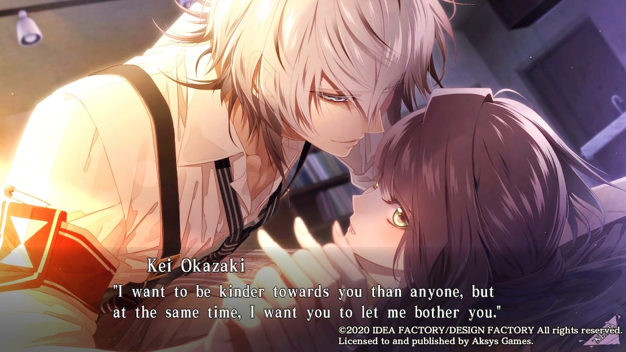Okazaki is pinning Hoshino down to a bed and saying to her that although he wants to be kinder to her he wants to bother/tease her as well
