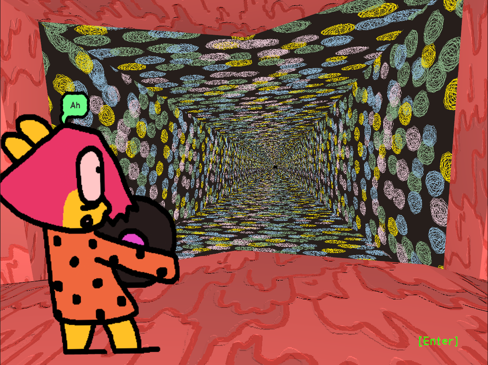 Anthology of the Killer Protag BB looking into a wall which has opened up into a hallway. She says "Ah."