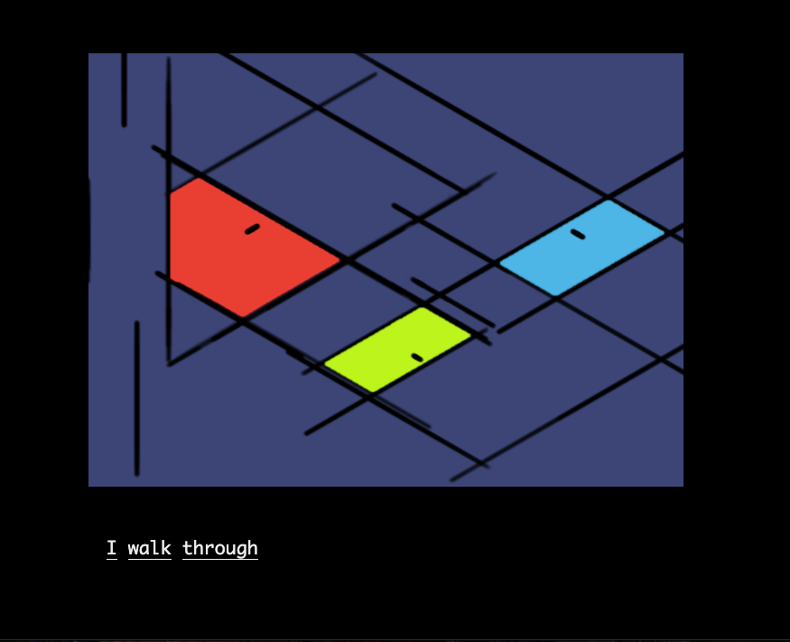 A screenshot from the IF game Doors by Caelyn Sandel. Features abstract doors in red, chartreuse, and sky blue. A hyperlinked sentence fragment reads "I walk through"
