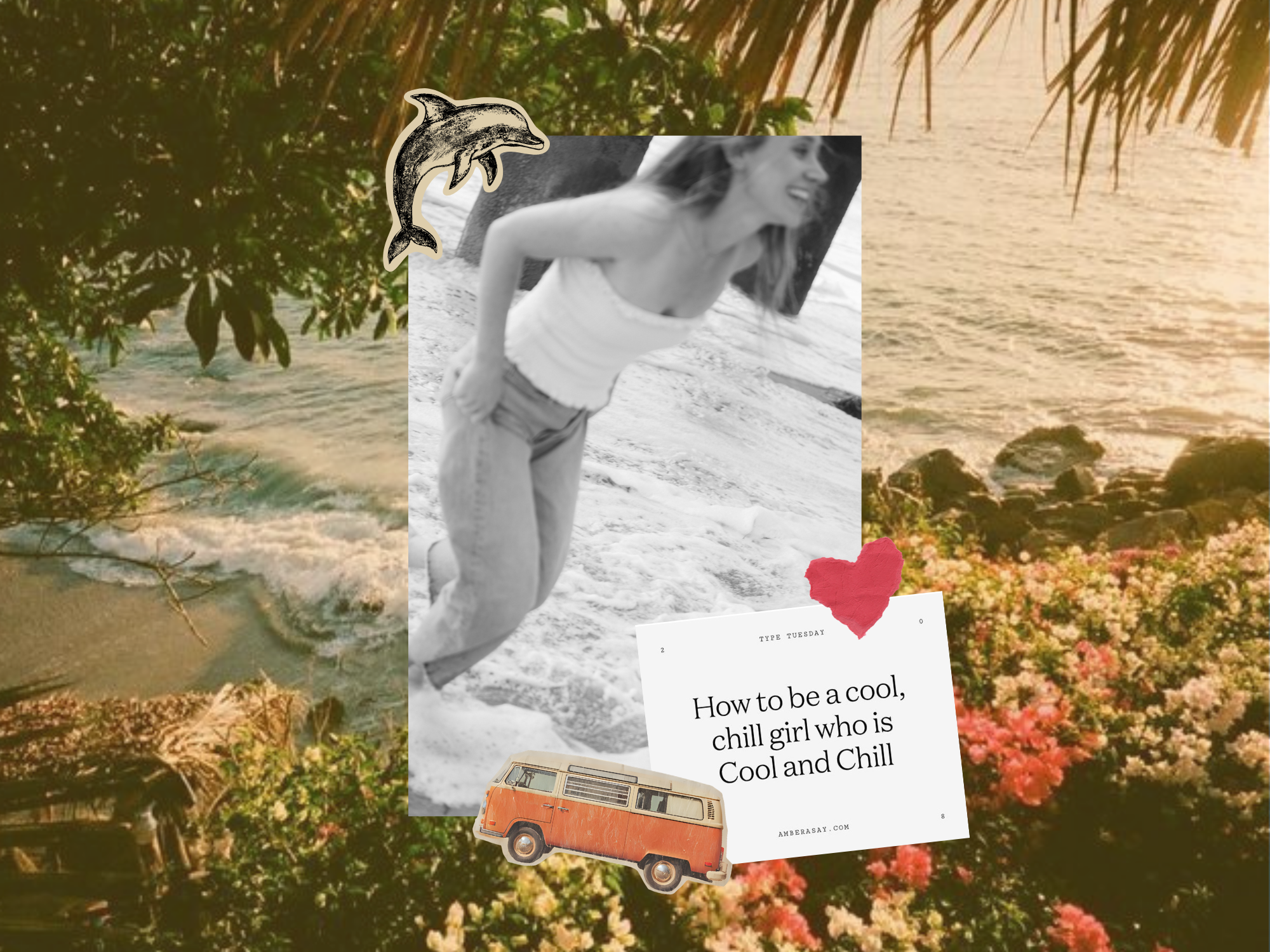 Collage of girl running through shore break, a dolphin, a vintage bus, a memo, with a coastal beach background