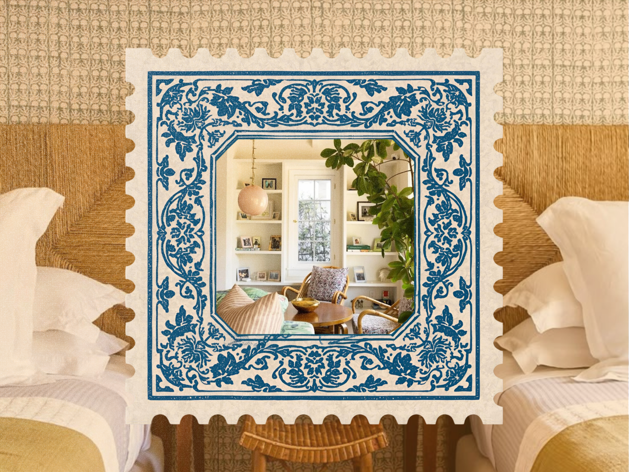 Cozy sunroom framed in a blue floral postage stamp over a twin bedroom with woven headboards