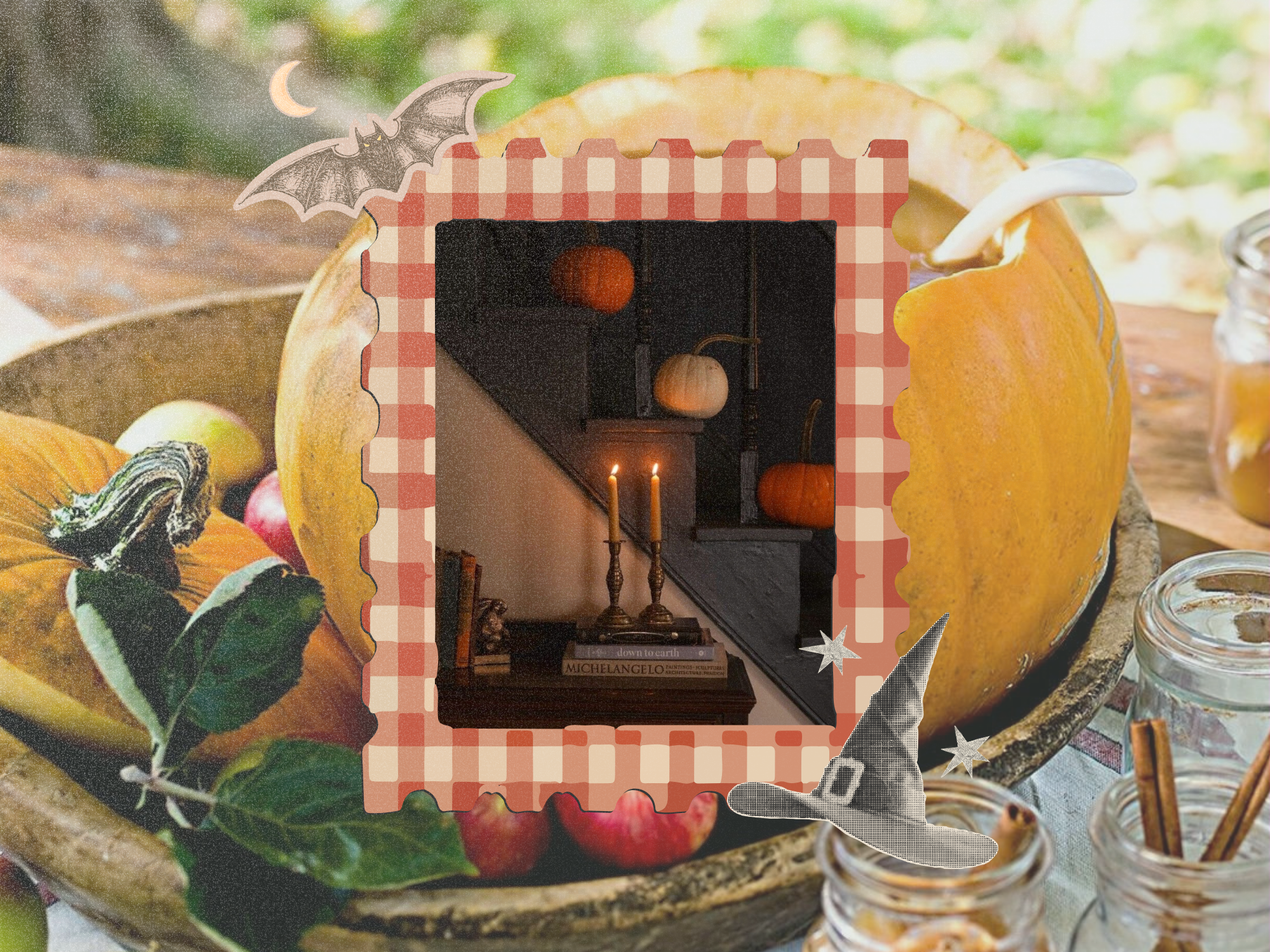 Vintage fall Halloween collage with pumpkins, apples, gingham frame, candlelit autumn decor, bat, crescent moon and witch hat illustrations.