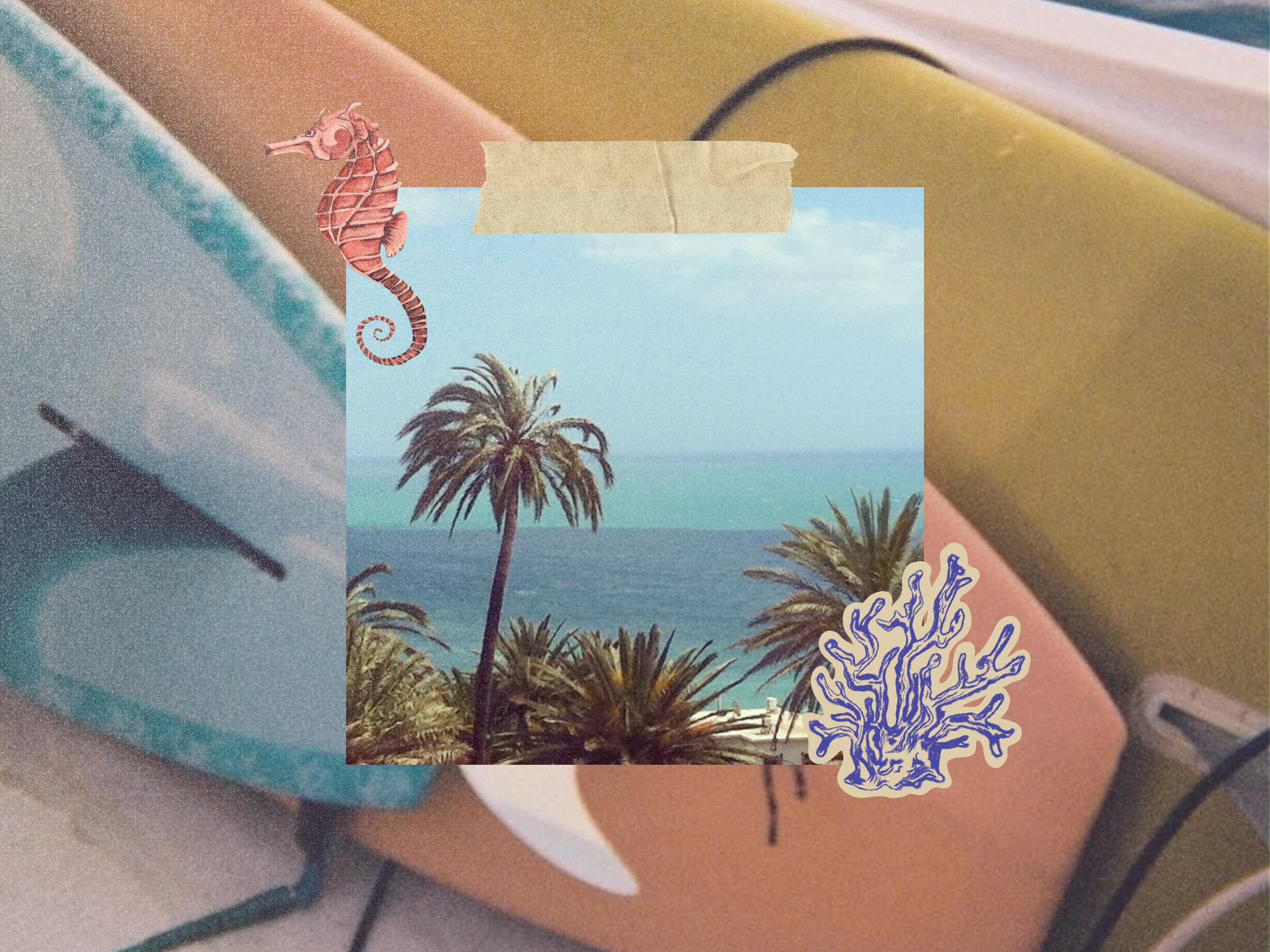 Coastal collage with a taped photo of palm trees over the ocean, layered on pastel surfboards with a vintage seahorse and blue coral illustration