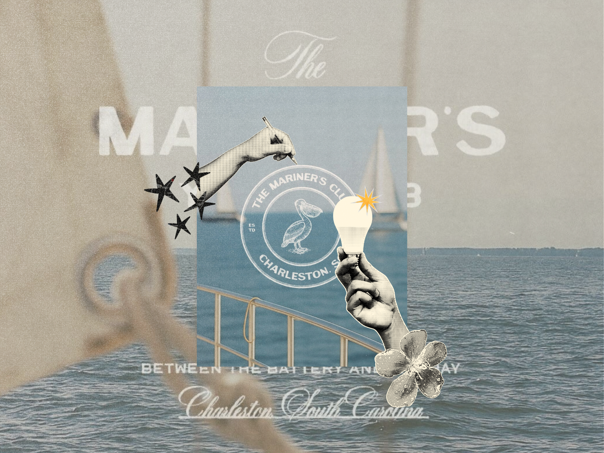 Collage of a pelican badge logo for The Mariner’s Club, Charleston, with cutout hands holding a pencil and a glowing lightbulb