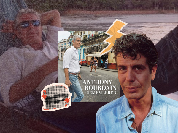 A collage of Anthony Bourdain photographs around the cover of Anthony Bourdain Remembered, with a gold lightning bolt layered over.