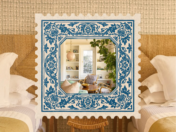 Cozy sunroom framed in a blue floral postage stamp over a twin bedroom with woven headboards