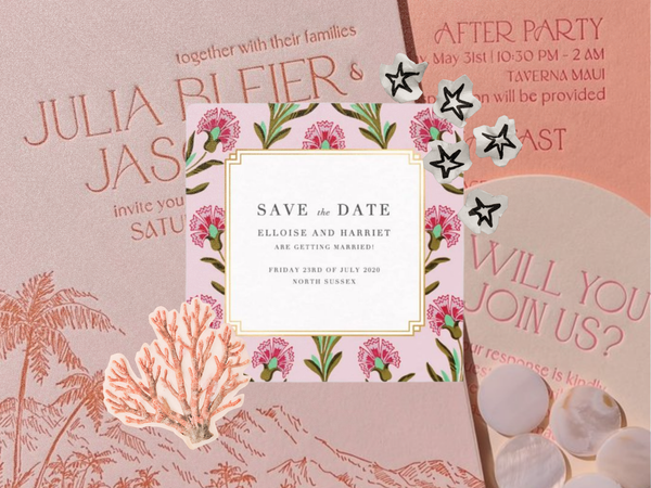 Pink floral save the date over blush letterpress wedding invitations with palm tree illustrations and pink coral