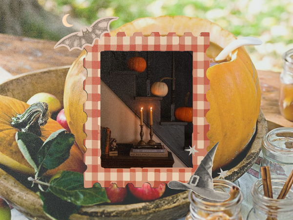 Vintage fall Halloween collage with pumpkins, apples, gingham frame, candlelit autumn decor, bat, crescent moon and witch hat illustrations.